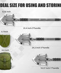 Survival Shovel Multitool 28 In 1 For Camping And Hiking, length options with bag, showcased with measurements, tactical folding design.