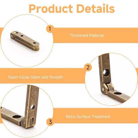 12 Pack Tiny Bronze Hinges For Small Wooden Jewelry Boxes With Screws 90 Degree Stop Lid Support, close-up details view