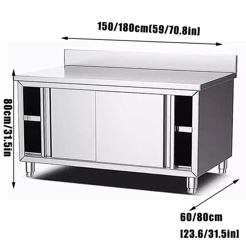 Heavy Duty Stainless Steel Prep Workbench With Cabinet Sliding Doors And Splatter Guard Backsplash dimensions 150/180cm by 80cm.