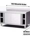 Rock Solid Stainless Steel Prep Table With Sliding Door Cabinet Heavy Duty Workbench featuring precise dimensions highlighted in image.