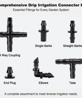 1/4 Inch Drip Irrigation Fittings Kit with barbed connectors, tees, elbows, end plugs, and couplings for garden systems
