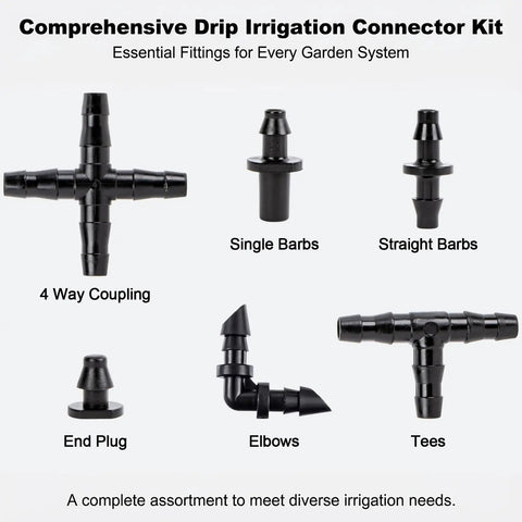 1/4 Inch Drip Irrigation Fittings Kit with barbed connectors, tees, elbows, end plugs, and couplings for garden systems