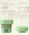 Illustration of Grab And Go Portable Folding Mini Washing Machine with sizes and specs for apartments and dorms.