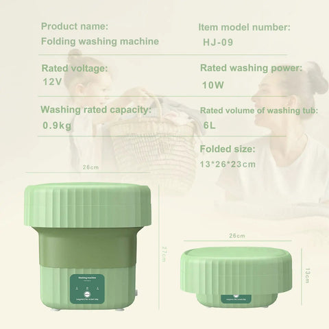 Illustration of Grab And Go Portable Folding Mini Washing Machine with sizes and specs for apartments and dorms.