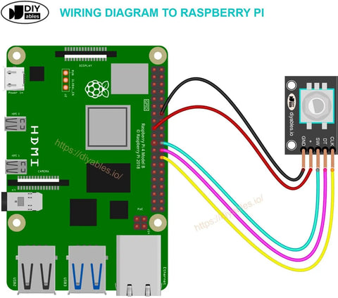 Wiring diagram connecting Raspberry Pi to rotary encoder module for DIY projects with precise control and navigation.
