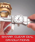 Dial Caliper Workhorse With Adjustable Bezel 0 To 8 Inch Range.001 Inch Graduation Anti Backlash Gear Knife Edge Contacts For Inside And Outside Measurements One Hand Use With Thumb Operated Fine Adjustment Direct Reading And Precise Gauging. measuring brass part