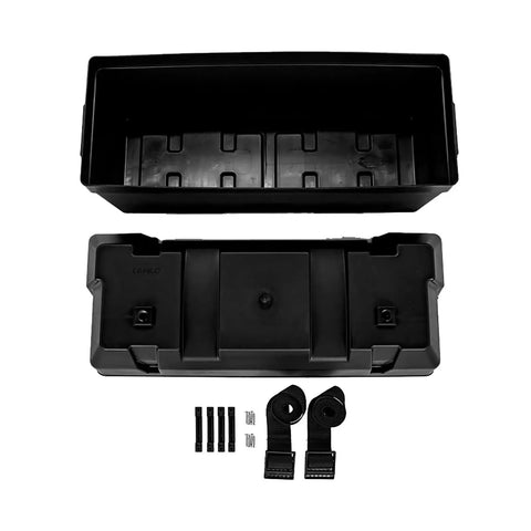 Tough As Nails Double Battery Box Rig Ready For RV And Marine Holds Two Group GC2 Or 12V 24 Batteries Securely With Heavy Duty Straps And Hardware In Rust Proof Polypropylene Case, featuring top and bottom parts.