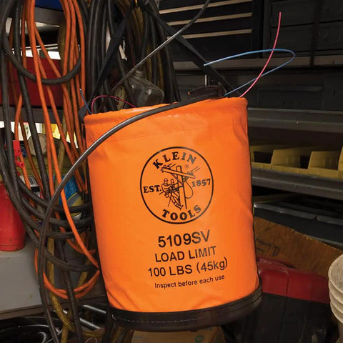 Bright Orange Vinyl Tool Bucket With Swivel Snap And Web Handle 12 Inch Diameter 100 Pound Load Rating Water Resistant Lineman Bucket For Electricians Who Hustle Durable Carry Handle Keeps Tools Secure And Easy To Grab in workshop setting