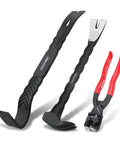 3 Piece Pry Bar Set With 15 Inch Flat Pry Bar 12 Inch Cats Paw Nail Puller And 8 Inch End Cutting Pliers on white background