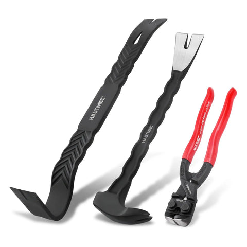 3 Piece Pry Bar Set With 15 Inch Flat Pry Bar 12 Inch Cats Paw Nail Puller And 8 Inch End Cutting Pliers on white background