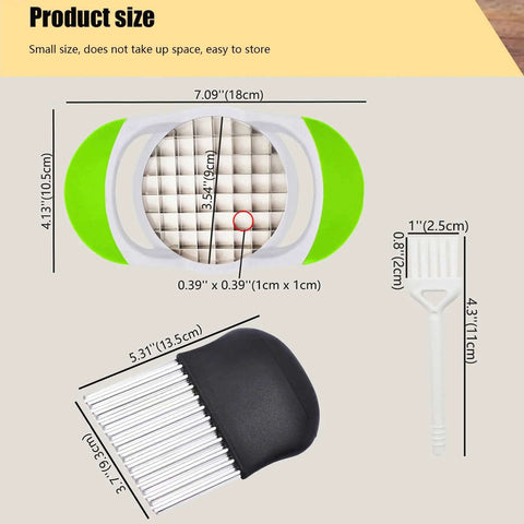 Crinkle cutter with green/white handle and stainless steel wavy blade; includes cleaning brush and bristle brush (3-piece set).