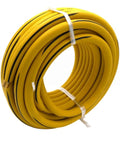 Top Shelf Black Rubber Air Hose For Pneumatic Compressors And Air Tools Fifty Foot Run with yellow exterior and black stripes.