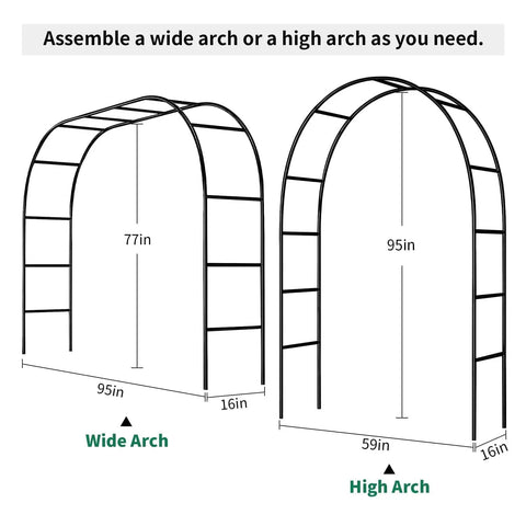 Diagram of Sturdy Garden Arch Trellis for Climbing Plants Outdoor Wedding Arches Ceremony Decor Black Metal Garden Arbor 7.9 Ft Wide By 6.4 Ft High showing assembly options.