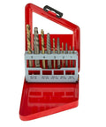NEIKO 01925A screw-extractor and left-hand drill-bit set in red case, front view, 10 pieces