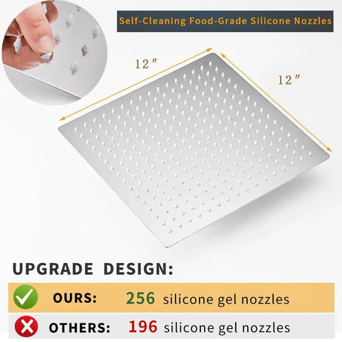 12 Inch Square Rain Shower Head High Pressure Stainless Steel Bath Shower Head With Waterfall Full Body Coverage Silicone Nozzles No Tools Needed Easy Install Polished Chrome Fits Standard G1 2 Inch Thread with 256 nozzles