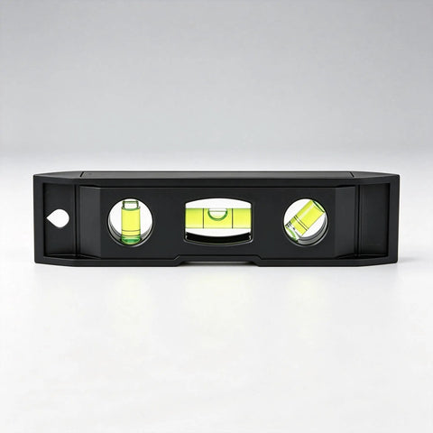Magnetic Torpedo Level 6 Inch, 3 Bubble Spirit Measuring Tool with three vials on a black body for accurate leveling.