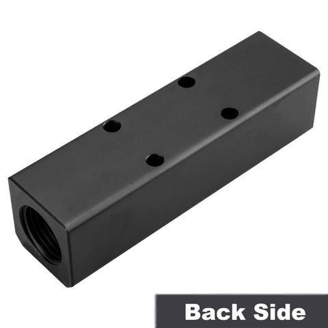 Back view of 3 Way 5 Port Air Manifold For Compressors, Inline Air Hose Block Splitter, Pneumatic Air Distribution Block, Black