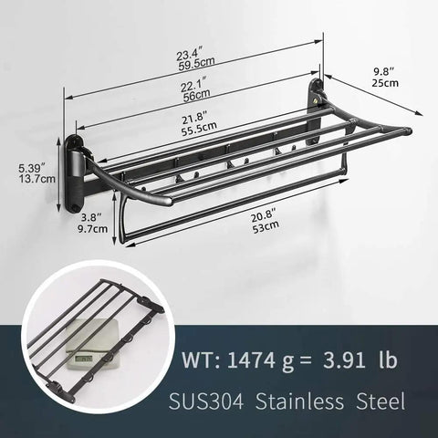 Dimensions and weight of the Oil Rubbed Bronze 24 Inch Towel Rack With Foldable Shelf, Adjustable Towel Bar, and Five Hooks.