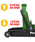 Pro-Lift F-757G 2-Ton floor jack, green and black, side view, min height 3 5/8 in and max height 13 3/8 in