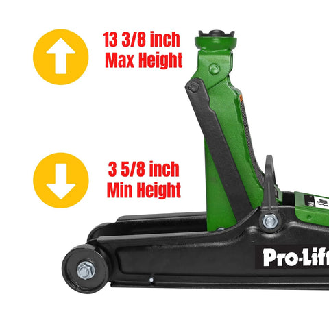 Pro-Lift F-757G 2-Ton floor jack, green and black, side view, min height 3 5/8 in and max height 13 3/8 in