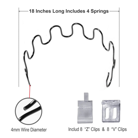 Top Shelf Quality Eight Gauge Replacement Springs For Antique Sofa And Chair Upholstery Furniture Repair Kit includes 18-inch spring and clips.