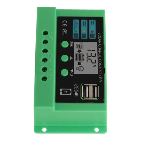 PWM Solar Charge Controller With Adjustable LCD Display For 12V 24V Systems, Durable Green Shell, Built To Last With Short Circuit Open Circuit Reverse Connection And Overload Protection, No Fuss Setup For Home And Small Business Use, 20A top view with LCD and USB port