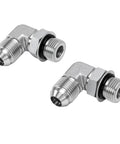 One Half Inch 37 Degree Flare Male To SAE ORB 90 Degree Elbow Connector, zinc-coated steel, two views
