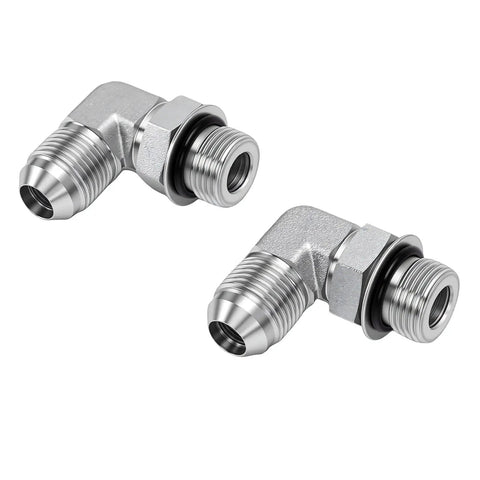 One Half Inch 37 Degree Flare Male To SAE ORB 90 Degree Elbow Connector, zinc-coated steel, two views