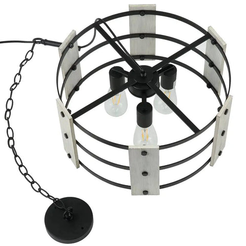Top view of Three Light Farmhouse Drum Chandelier with White Drum Shade in Black Metal and Wood Finish, chain and bulbs visible.
