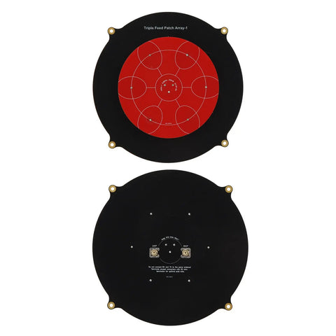 Front and back view of Long Range 5.8GHz Triple Feed Patch Antenna with high gain for RC drones FPV in directional circular design.