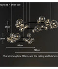 Fresh Modern Metal Chandelier with 39 Clear Glass Bubbles and G9 Sockets with dimensions displayed, sleek design on dark background.