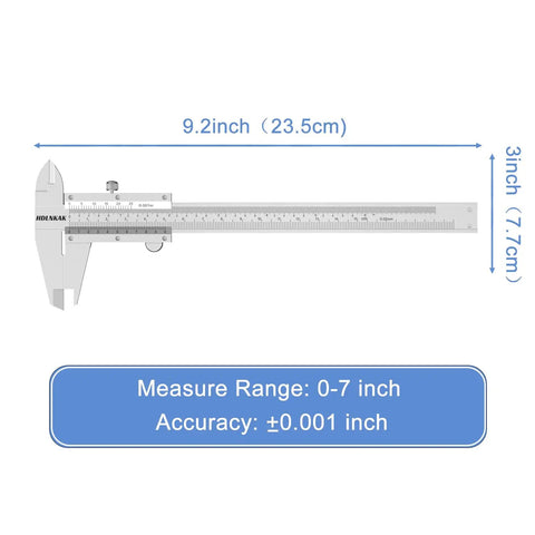 Pro Grade Measuring Kit with Vernier Caliper 0 to 6 inches, showing measurement range and precision, silver finish