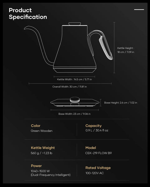 Diagram of Gooseneck Electric Kettle With 1 Degree Temperature Control 1500W Fast Heating Pour Over Coffee And Tea Kettle details.