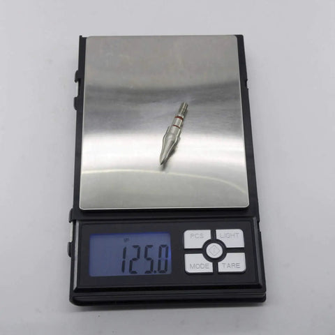 Stainless Steel Screw In Archery Field Points 12 Pack With Silicone Rings on scale showing 125 grain weight