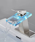 LED Waterfall Bathroom Faucet With Lit Color Changing Lights, Water Powered No Battery Needed, Glass Faucet With Deck Plate