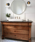 Modern Farmhouse Black And Gold Bathroom Wall Sconces Set Of Two Globe Sconce Lighting with rustic vanity and round mirror