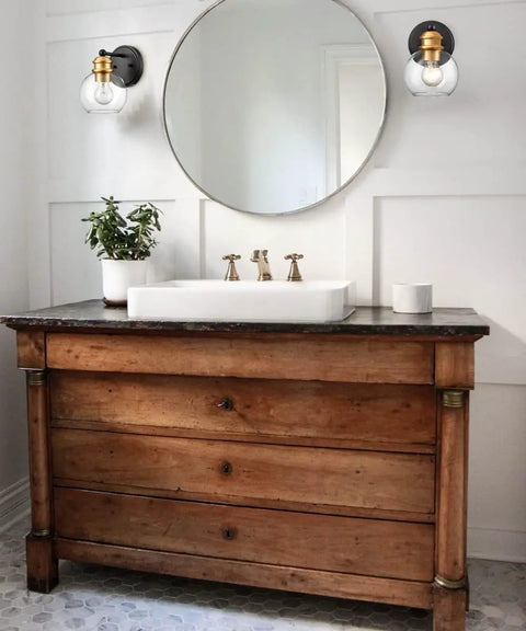 Modern Farmhouse Black And Gold Bathroom Wall Sconces Set Of Two Globe Sconce Lighting with rustic vanity and round mirror