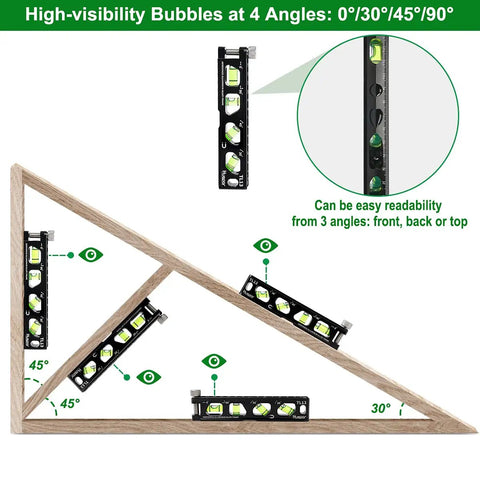 Pro Grade Torpedo Level With Magnetic Conduit V Groove Track, 6.2 Inch Aluminum Alloy Spirit Level With Four Vials displayed on angles