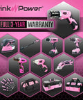 Pink Cordless Electric Screwdriver Set Rechargeable for Women with LED Light, tools and bags displayed, full 3-year warranty