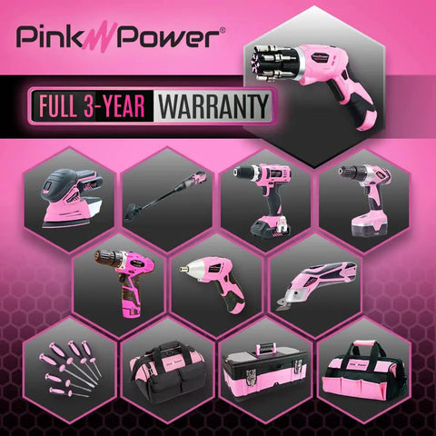 Pink Cordless Electric Screwdriver Set Rechargeable for Women with LED Light, tools and bags displayed, full 3-year warranty