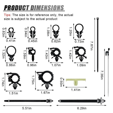 Diagram showing 15 sizes of 200 Piece Car Wire Loom Clips Kit With 15 Sizes Push Mount Cable Tie Assortment for vehicles