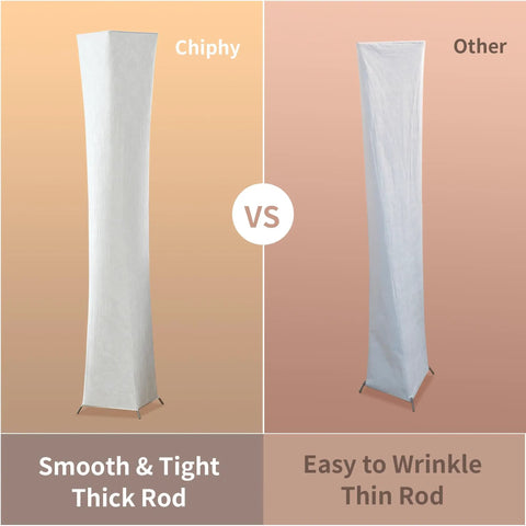 Comparison of Tall Dimmable Floor Lamp With White Fabric Shade 64 Inch vs a thinner, wrinkled fabric lamp, highlighting rod quality.