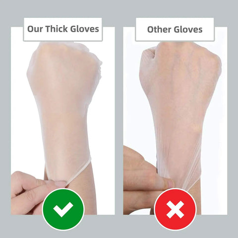 Comparison of Top Shelf Disposable Clear Vinyl Exam Gloves Medical Grade Xl 100 Count Pack against thinner gloves.