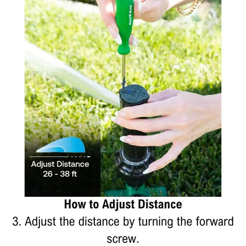 Adjusting the Heavy Duty Gear Drive Rotor Sprinkler On Robust Green Stake With 40 To 360 Degree Adjustable Pattern And 26 To 38 Foot Spray Reach.