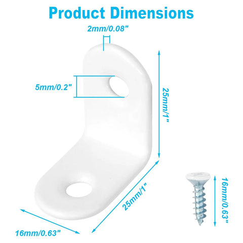 Heavy Duty White Metal Corner Braces 1 X 1 Inch Pack Of 20 Smooth Steel L Brackets With 40 Mounting Screws dimensions with screw shown.