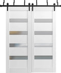 Quadro 4113 Interior Barn Bypass Sliding Doors With Frosted Glass White MDF Panels 84 By 96 Inches Modern Style Hardware Included