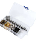 All In One Mini Grommet Kit For Do It Yourself Projects 800 Multi Color Eyelets in clear storage box, Gold Silver Bronze Gunmetal.
