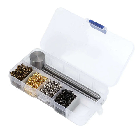 All In One Mini Grommet Kit For Do It Yourself Projects 800 Multi Color Eyelets in clear storage box, Gold Silver Bronze Gunmetal.