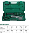 Heavy Duty 20 Ton Hydraulic Gear Puller Cracks Stubborn Bearings No Sweat With Sturdy Adjustable Jaws in green carry case, showing tools and specifications.