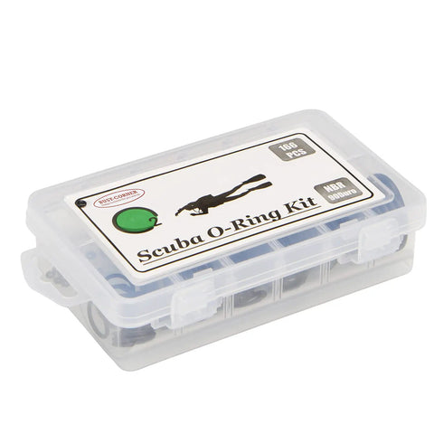 Clear box with scuba diver graphic, labeled 'Scuba O-Ring Kit,' containing 166 pieces of NBR90 seals for dive gear maintenance.